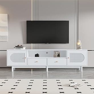 BTM 180cm TV Stand, White TV Stand Cabinet, Rattan TV Cabinet with 2 Drawers & 2 Doors, TV Table for 80 inch TV, 180x40x56cm
