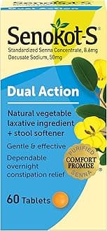 S Dual Action Natural Vegetable Laxative Ingredient Plus Stool Softener Tablets, Docusate Sodium, Senna Concentrate, Gentle, Overnight Relief From Occasional Constipation, 60 ct