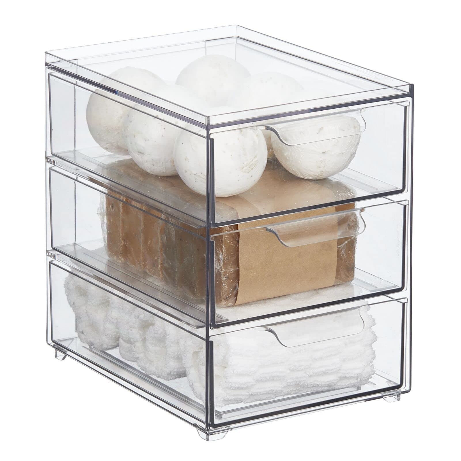mDesign Plastic Stackable Organizer with 3 Drawers - Pull-Out Drawer Storage Bin for Bathroom Sink/Cabinet Organization - Perfect for Makeup, Small Towels, and More - Lumiere Collection, Clear