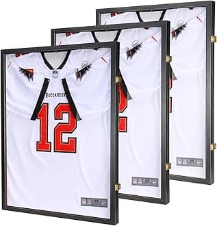 3 Packs Jersey Wooden Frame Display Case -Shadow Box with 98% UV Protection Acrylic and Hanger for Baseball Basketball Football Hockey Sport Shirt and Uniform Black