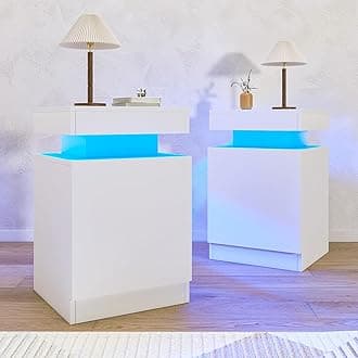 oneinmil Nightstand Set of 2 with LED Lights, Night Stand with Storage Cabinet for Bedroom, Bedside Table with LED, White