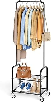 Small Clothes Rack with Shelves, Metal Sturdy Rolling Clothing Racks for Hanging Clothes, Portable Garment Rack with Wheels for Shirts, Coats, Shoes, Bags (Black)
