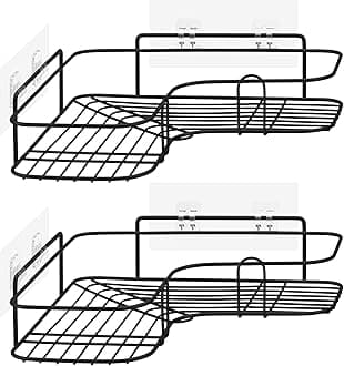 NavarisSelf Adhesive Shower Caddy - Set of 2 Bathroom Organizer Shelves for Corner Wall of Bath - Toiletry Shampoo Storage Rack Holder - Black