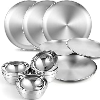 Sunnyray 304 Stainless Steel Plates and Bowls Metal Camping Plates Reusable 13 oz Steel Snack Bowls Dinner Dishes Double Walled Insulated Metal Dinnerware(6 Sets,8 x 8 Inch)
