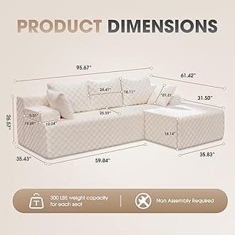 Modular Sectional Sofa Couches L-Shape Couch 3 Seat Modular Sofa Memory Foam Sectional Couches for Living Room, Cloud Couch with Oversized Chaise (White Check, 96" Right Facing Chaise)