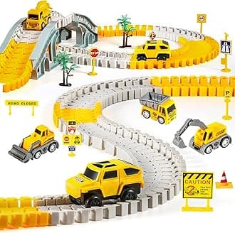 – 260 PCS Construction Race Tracks for Kids Toys, 2 Electric Cars, 4 Construction Cars, 1 Map & Flexible DIY Track Set, Engineering Presents for 3 4 5 6 Year Old Boys Girls