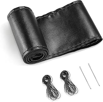 MAKINGTEC Genuine Leather Steering Wheel Cover, Stitch On Wrap, for 14 1/2-15 inches Round and D-Type Steering Wheels, Black