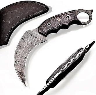 Handmade Damascus Steel Karambit Knife Full Tang Curved Fixed Blade with Wood Handle & Leather Sheath | Outdoor, Camping & Knife Collection Gift