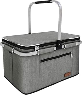 LIQING 35L Large Picnic Basket 2 Layers of Internal Pockets Leak-Proof and Insulated ，Folding with Internal Support for enhansed Stability, Wedding Gifts for Couple(Grey)
