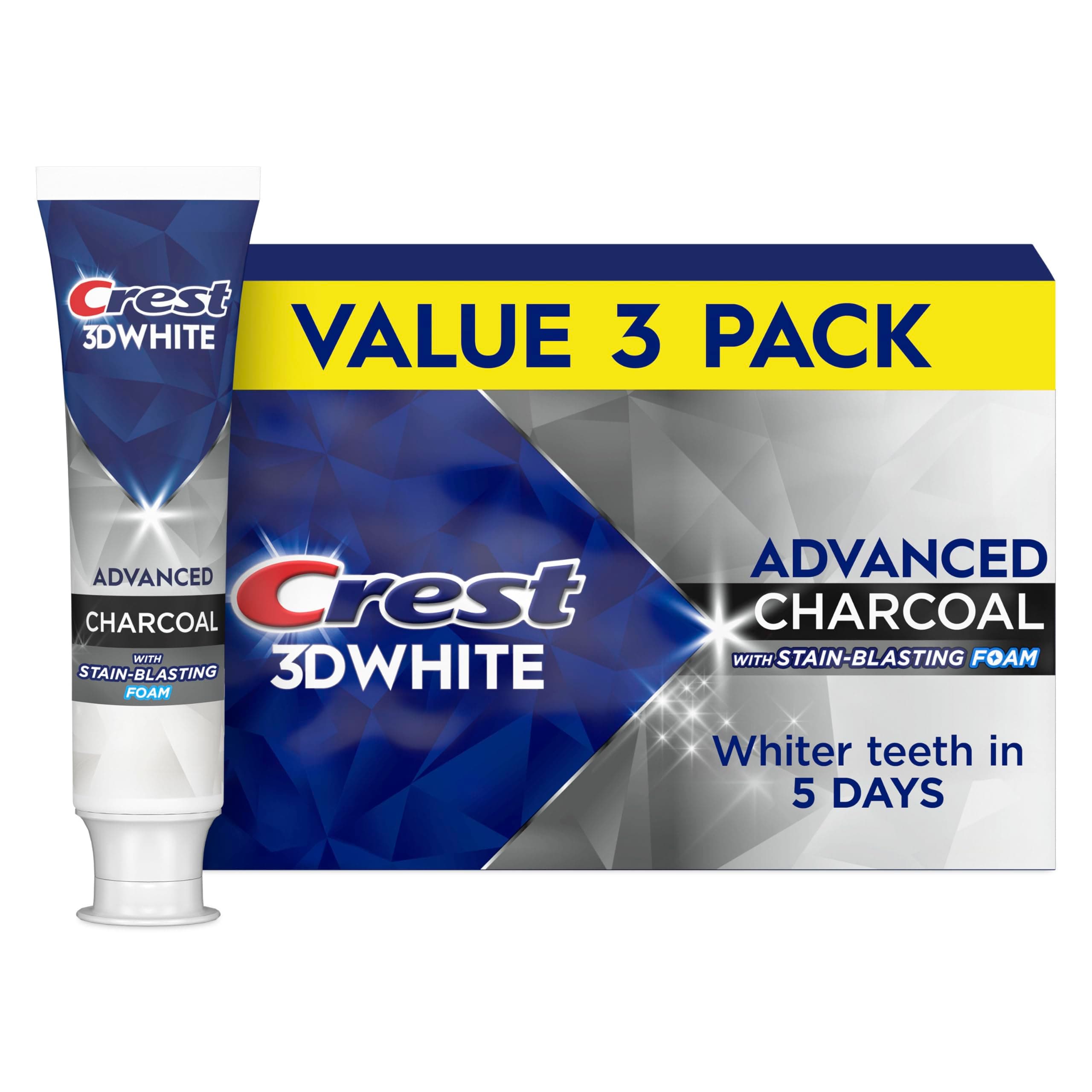 3D White Advanced Charcoal Teeth Whitening Toothpaste with Fluoride, 3.3 oz, Pack of 3