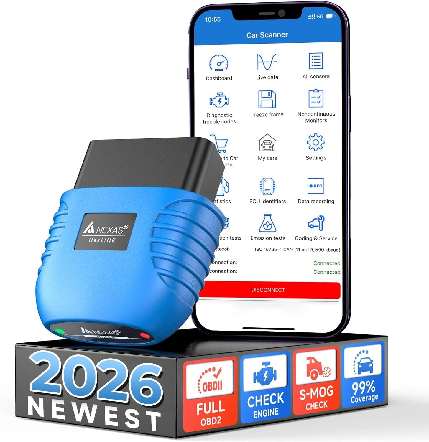 NEXAS NexLink Bluetooth 5.0 Diagnostic Scanner for iPhone & Android & Windows OBD2/EOBD Fault Code Reader Enhanced Diagnostic Scan Tool Torque, DashCommand, OBDFUSION