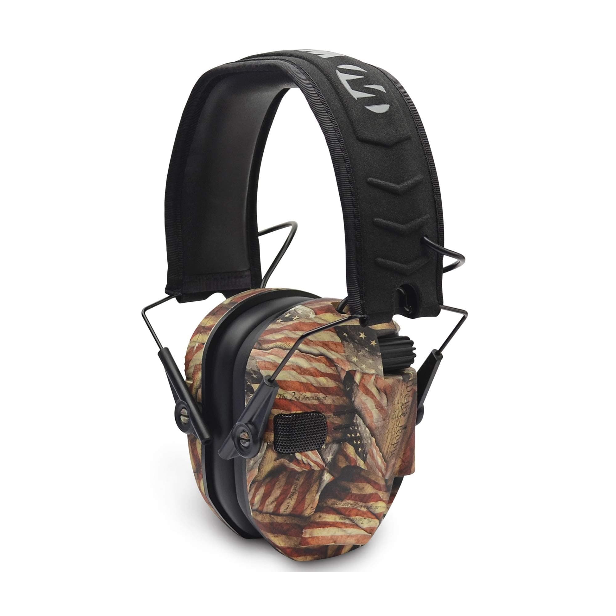Razor Slim Ultra Low Profile Compact Design Adjustable Range Shooting Hunting Hearing Protection Electronic Earmuffs, AM Flag
