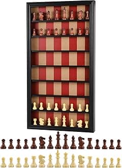 Giant Wall Mounted Board Game Wooden Chess Game Set with A Complete Set of Carved Chess Pieces Vertical Display Cabinet for Home Games Hanging Art Home Decoration (Black)