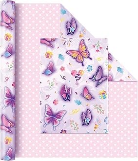 WERNNSAI Butterfly Wrapping Paper -1 Roll 17” x 33 ft Reversible Birthday Wrapping Paper Roll Butterfly Birthday Gift Wrap Paper Kids Wrapping Paper Roll Girls Purple Gift Wrap Paper Polka Dot Design