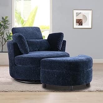 Chair and A Half with Ottoman, 360° Swivel Chair Modern Circle Round Love Seat Sofa Couch Set Big Comfy Accent Barrel Chairs Living Room Bedroom Lounge Reading Corner Furniture with 4 Pillows (Navy)