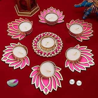 Handmade 7 Pc Pink Lotus Chudi Diya Rangoli Candles With Wax For Diwali Ganesh Chaturthi Laxmi Pooja Home Temple Rangoli Diya Floor Decoration, Woody