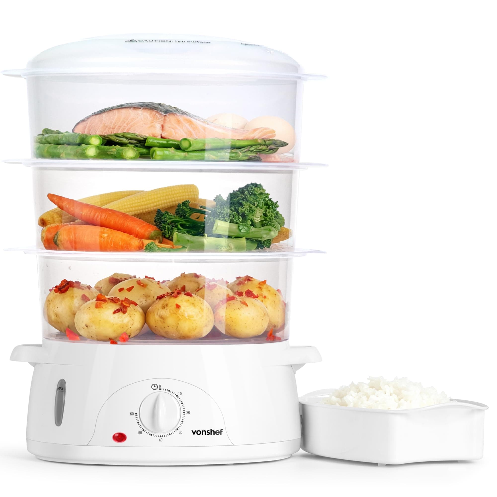 VonShef Food Steamer Electric 800W - 9L Capacity, 3 Stackable Tiers, BPA-Free, 60-Minute Timer, Boil-Dry Protection, Dishwasher Safe Parts & Rice Bowl Included, for Healthy Steam Cooking - White