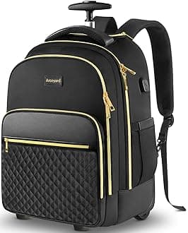 Rolling Backpack Carry On Luggage For Adults With Wheels, 45L Wheeled Backpack For Women, Travel Roller Backpack, Rolling Bookbag for Girls Boys, Black Gold, Black, 45L, Rooling Backpack