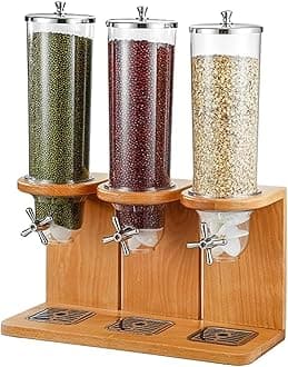 3.5L/7L/10.5L Dry Food Dispenser, Triple-Head Cereal Storage Container with PC Barrel and Wood Base for Rice, Candy, Beans, and Nuts(Triple head)