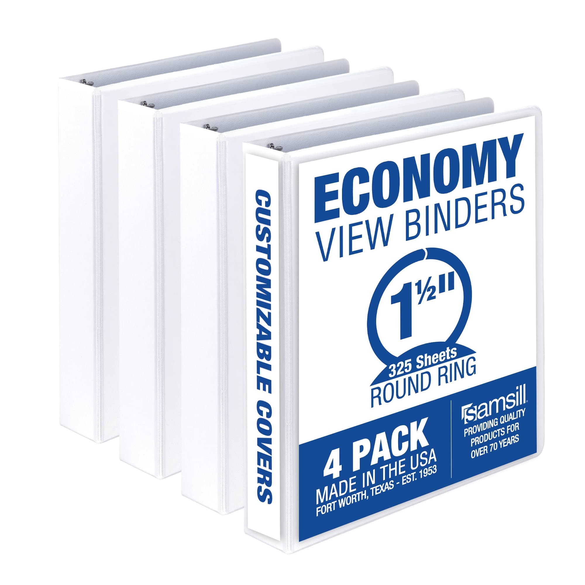 1.5 Inch 3 Ring Binders, Economy Round Ring, Clear View Cover, 325 Sheet Capacity - for School, Home, Office - White, 4 Pack