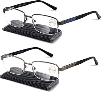 Missfive 2-Pack Mens Premium Bifocal Reading Glasses Blue Light Blocking, Computer Readers Metal Frame with No Broken Spring Hinge, Far/Near Dual-use Eyeglasses 1 Blue & 1 Gun-Silver, 1.0x