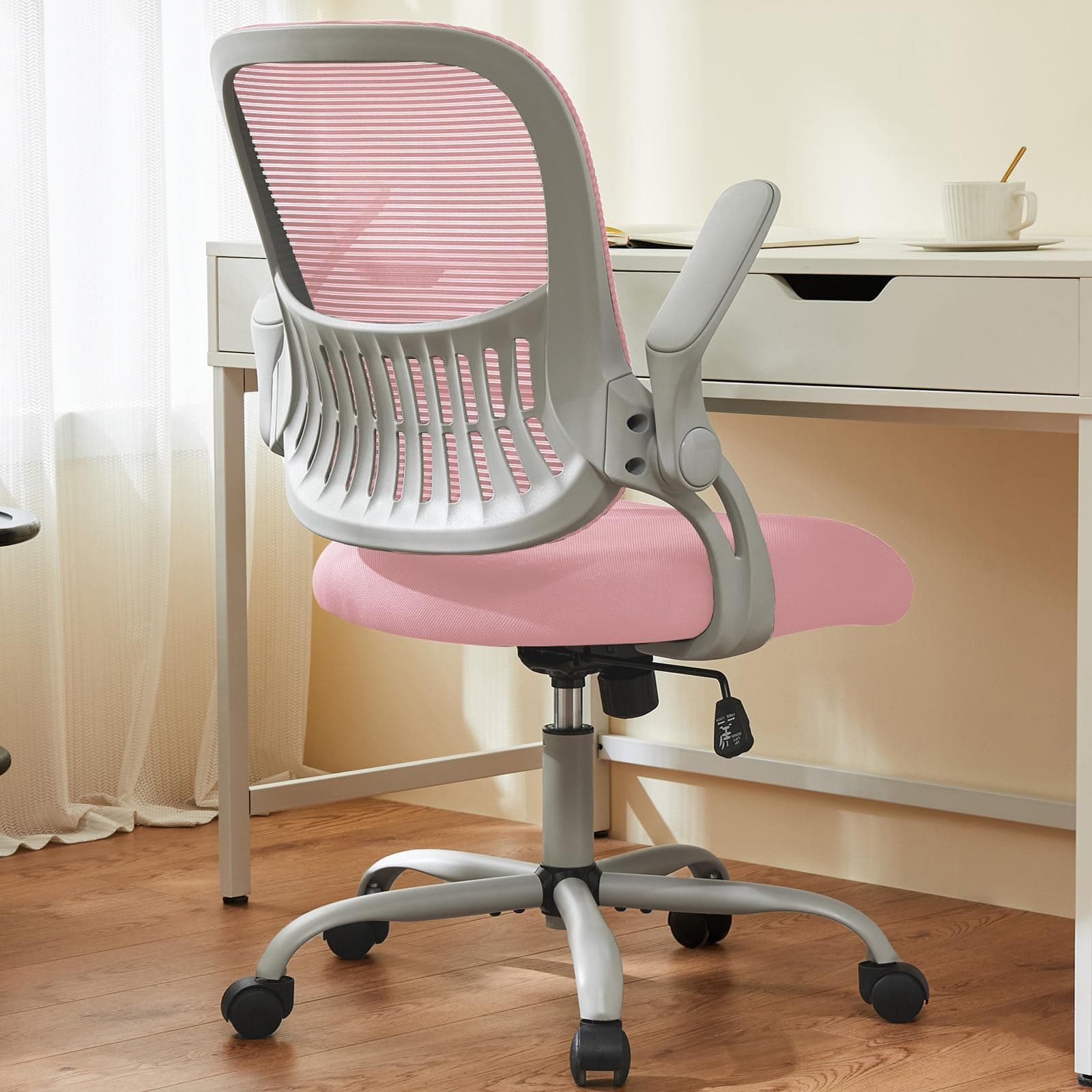 Home Office Computer Desk Chair, Ergonomic Mid-Back Mesh Rolling Work Swivel Task Chairs with Wheels, Comfortable Lumbar Support, Comfy Flip-up Arms for Bedroom, Study, Student, Pink