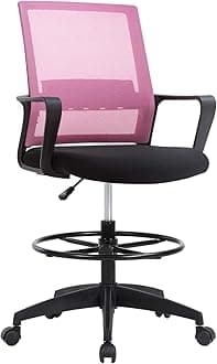 Drafting Chair Tall Office Chair Adjustable Swivel Rolling Mesh Height with Lumbar Support Arms Footrest Mid Back for Adults Standing Desk Drafting Stool (Pink)