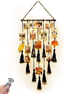 Homecor Hanging Photo Display Wall Decor, Black Macrame Hanging Boho Room Decor, Picture Frame Collage with Remote Light 30 Clips, Bedroom Apartment Home Decor, Christmas Mom Grandma Teen Girl Gifts