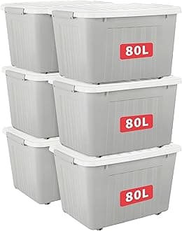 Cetomo 80L*6 Storage Boxes with Lids, Plastic Storage Box with Wheels and Secure Side Latches, Stackable & Nestable Organizer for Home, Office, Moving, PP, Gray, 80L-6 Pack