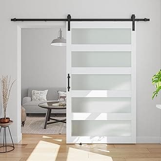 48in x 84in 5-Panel Sliding Glass Barn Door with 8ft Hardware Kit Included, Easy Assembly with Pre-Drilled Holes, Waterproof, Frosted Glass for Bathroom-Fit Max Opening 46in x 82in, White