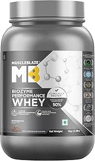 - MuscleBlaze Biozyme Performance Whey Protein Powder, Rich Chocolate (1kg / 2.2lbs) | 25g Protein Per Scoop | Clinically Tested 50% Higher Protein Absorption