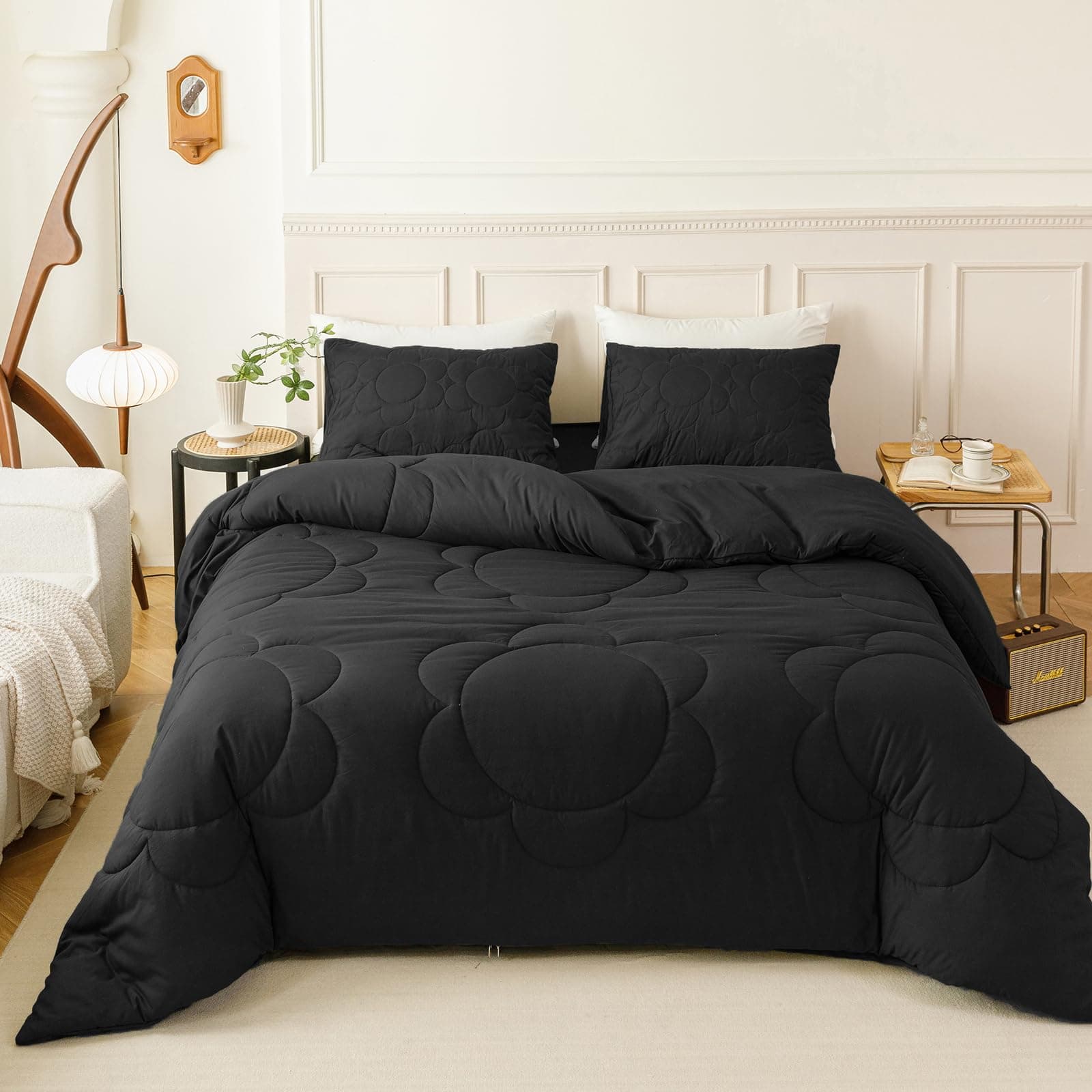 CLOTHKNOWBlack King Size Comforter Set 3Pcs Daisy Puff Bedding Comforter Sets Soft Boho Comforter All Black Comforter with 2 x Pillowcases