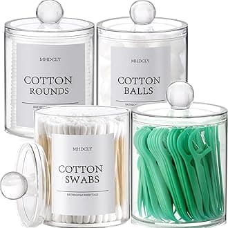 Bathroom Organizers and Storage, 4 PACK Plastic Canisters for Cotton Balls, Cotton Swabs, Cotton Rounds