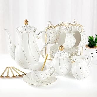 22 pcs White Porcelain Tea Set for 6, Luxury British Style Tea/Coffee Cup Set with Golden Trim, Beautiful Tea Set for Women, Tea Party Set, Gift Package (With a Stand)