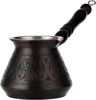Thick Copper Turkish Greek Arabic Coffee Pot 450 ml, Traditional Hand Engraved Cezve Ibrik Briki with Wooden Handle & Spoon, Handmade in Turkey (Antique)