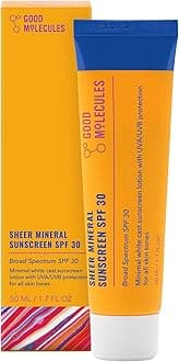 Good Molecules Sheer Mineral Sunscreen SPF 30 50 ml / 1.7 oz - Invisible, Sheer, Zinc Oxide Sunscreen with Hyaluronic Acid - Reef-Safe, Hydrating, Nongreasy UVA/UVB Protection - Skin Care for Face