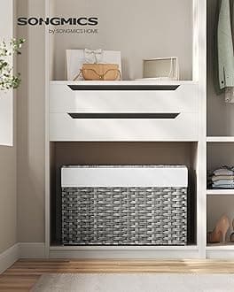 SONGMICS Storage Basket with Lid, 27.7 Gallon (105L) Storage Bin, Woven Blanket Storage Basket with Handles, Foldable, Removable Liner, Metal Frame, for Bedroom, Laundry Room, Gray URST066G01