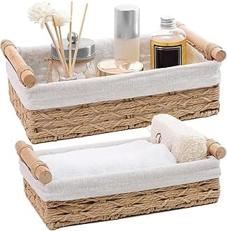 Round Paper Rope Storage Basket, Wicker Baskets for Organizing with Handle, Decorative Bins for Countertop, Toilet Paper Basket for Toilet Tank Top, Small Baskets Set (Set of 2,Beige)