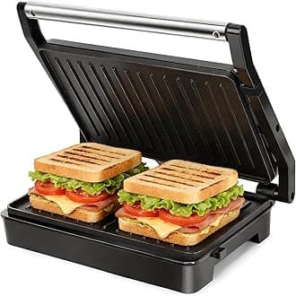 – Sandwich Toaster Panini Press, 1000W Deep Fill Toastie Maker, Non-Stick-Coated Aluminium Plates, Indicator Light, Stainless Steel, Black-Larissa