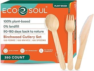 ECO SOUL100% Compostable Cutlery [350-Pack] Disposable Wooden Cutlery Set I 100% Natural, Sturdy, Eco-friendly, Utensils Set I Biodegradable (150 Fork,100 Spoon, 100 Knife)
