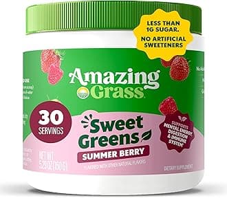 Sweet Greens and Superfoods Powder for Digestive Health, Greens Powder, Digestive Enzymes, Probiotics, Spirulina, Chlorella, Summer Berry, 30 Servings