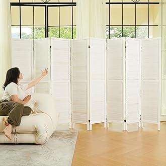 Room Dividers and Folding Privacy Screens, Wood Louvered Separators Divider Wall for Home Office Bedroom - 8 Panels (White-Washed)