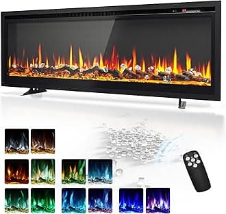 EUHOMY50 inch Electric Fireplace Recessed Wall Mounted Freestanding with Remote Control, Ultra-thin Fireplace Heater with Adjustable Flame Color, Linear Fireplace with Timer, Log & Crystal, 750/1500W