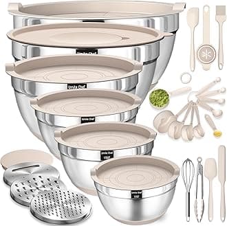 Mixing Bowls with Airtight Lids Set, 26PCS Stainless Steel Khaki Bowls with 3 Grater Attachments, Non-Slip Bottoms & Kitchen Gadgets Set, Size 7, 3.5, 2.5, 2.0,1.5, 1QT, Great for Mixing & Serving