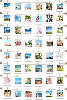 Mudder Hanging Photo Display with 50 Clips, Picture String with Clips Picture Wall Decor Boho Wooden Garland Stick and Hang Decorative Photo Wall Decor for Home Dormitory Cafe Decoration