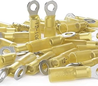 AIRIC 12-10 AWG - #10 Heat Shrink Ring Terminals, Copper Terminal Connector Ends, Battery Cable End Lugs, Yellow Insulated Electrical Crimp Wiring Connectors, Wire Lug for 12, 10 Gauge Wires, 50 PCS
