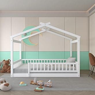Bellemave Full Size Montessori Floor Bed, Wood House Bed Frame, House Floor Bed for Kids, Montessori Floor Bed with Fence, Playhouse for Kids, Full,White