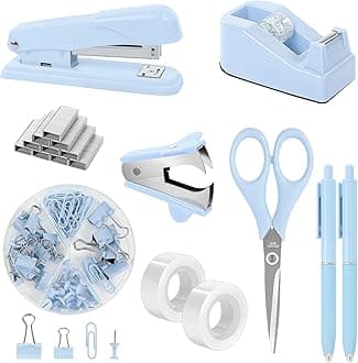 SKYDUE Blue Office Desk Accessories, Blue Office Supplies, Stapler, Tape Dispenser, Scissors, Clips and 1000pcs Staples,Desk Supplies for Women