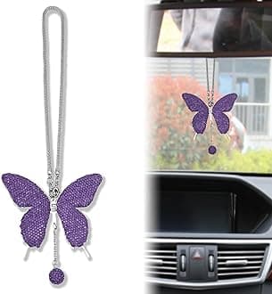 Butterfly Car Hanging Ornament, Crystal Butterfly Car Rear View Mirror Charms Good Luck Amulet Ornament Car Decoration Valentine's Day Gifts Lucky Hanging Interior Ornament Pendant (Purple)