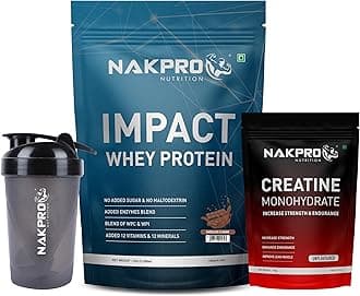 Impact Whey Protein 1kg, Chocolate | Isolate & Concentrate | 24g Protein & 4.9g BCAA |with Creatine Monohydrate Powder, 3g Creatine/Serve (100g, Unflavoured) & Shaker Bottle Combo